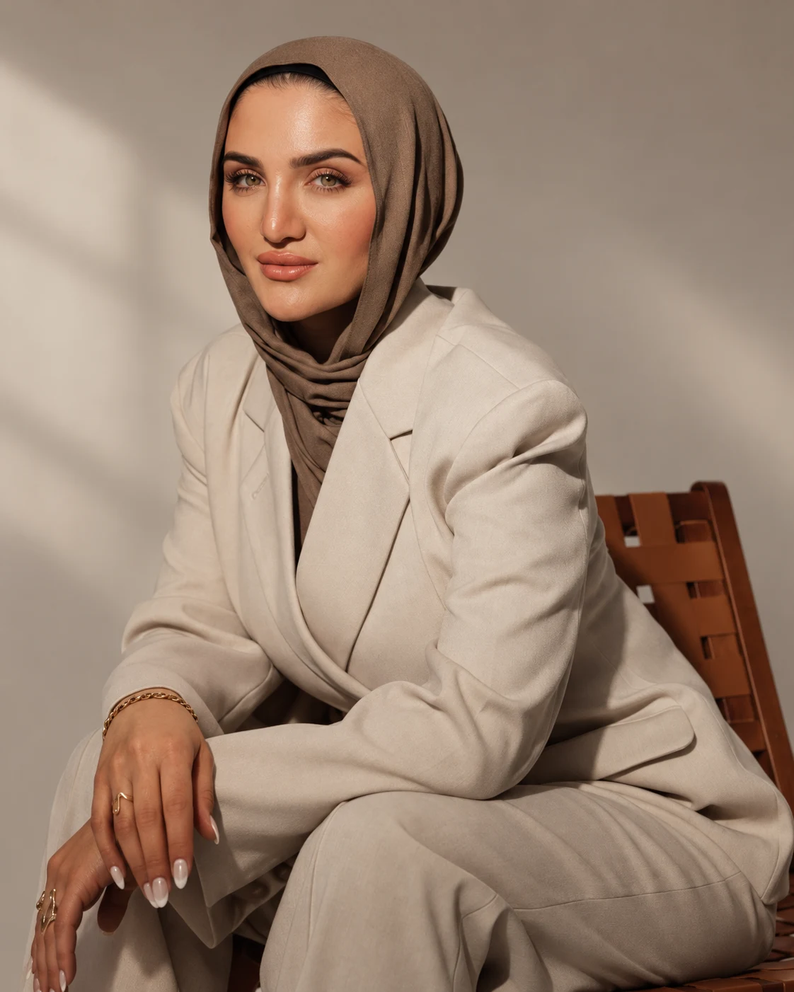 Rana, the artist behind BEAUTIQ RANA, in a beige suit